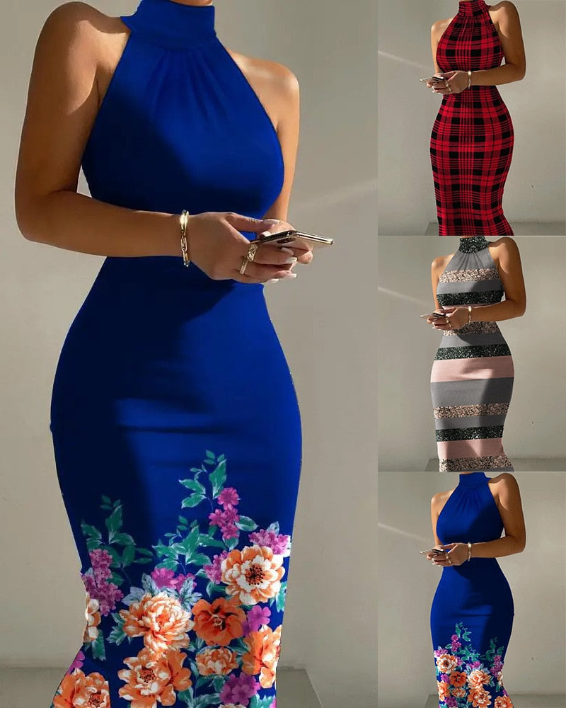 Dresses For Women 2023 Spring Summer High Neck Sleeveless Print Midi Dress Sexy Bandage Plaid Striped Pencil Elegant Vestidos