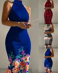 Dresses For Women 2023 Spring Summer High Neck Sleeveless Print Midi Dress Sexy Bandage Plaid Striped Pencil Elegant Vestidos