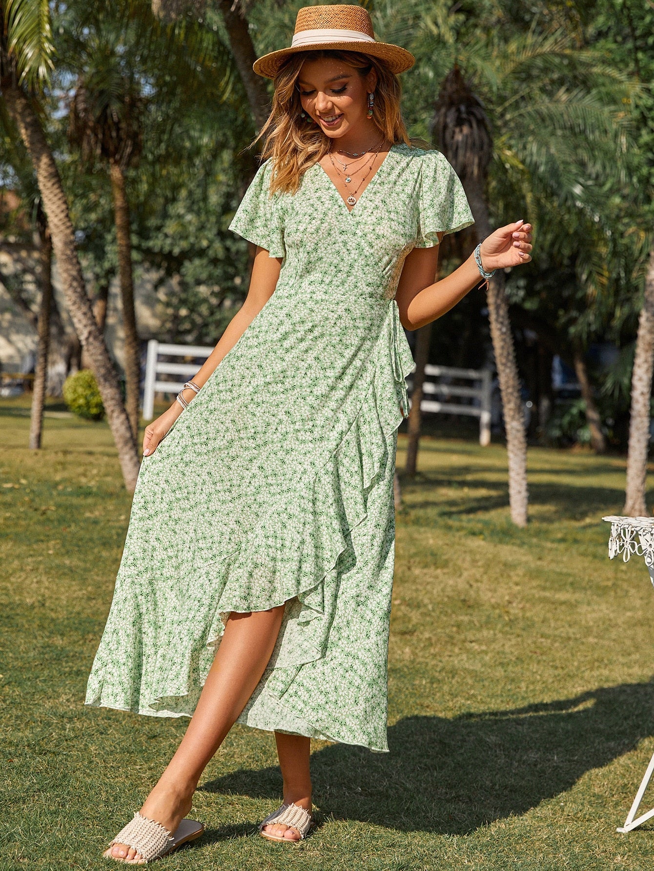 2023 New Boho Wrap Dress V-neck Flying Sleeve Maxi Dress Mujer Printing Sweet Long Dresses Chic Vestidos Ruffled Bandage Dress