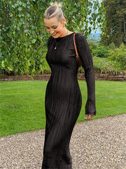 Hoobd Long Sleeve Bodycon Striped Long Dresses For Women Club Party Elegant Outfit Autumn Ruched Ruffle Sexy Y2K Clothes