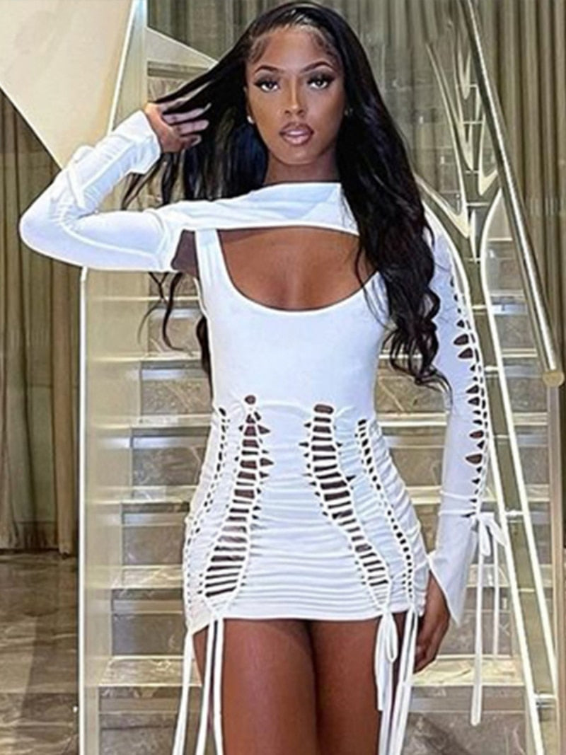 Women's Sexy Hollow Out Long Sleeve Bandage Package Hip Short Dress Night Club Streetwear Cut Out Backless 2 Pieces Dress Sets
