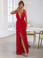 Plunging Neck Tie Shoulder Backless Split Thigh Embroidery Mesh Prom Dress