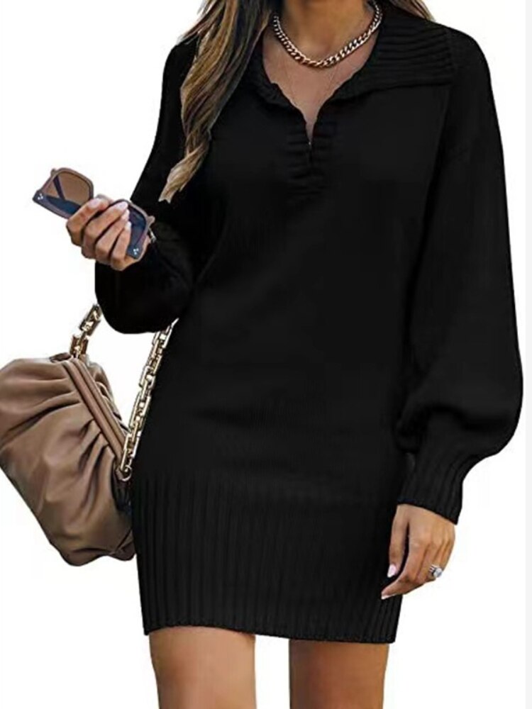 Hoobd New In 2023 Women Dress Medium Long Skirt Sweater Dress Female Lapel Long Sleeve Dress Pullover Loose Women Knitted Dresses