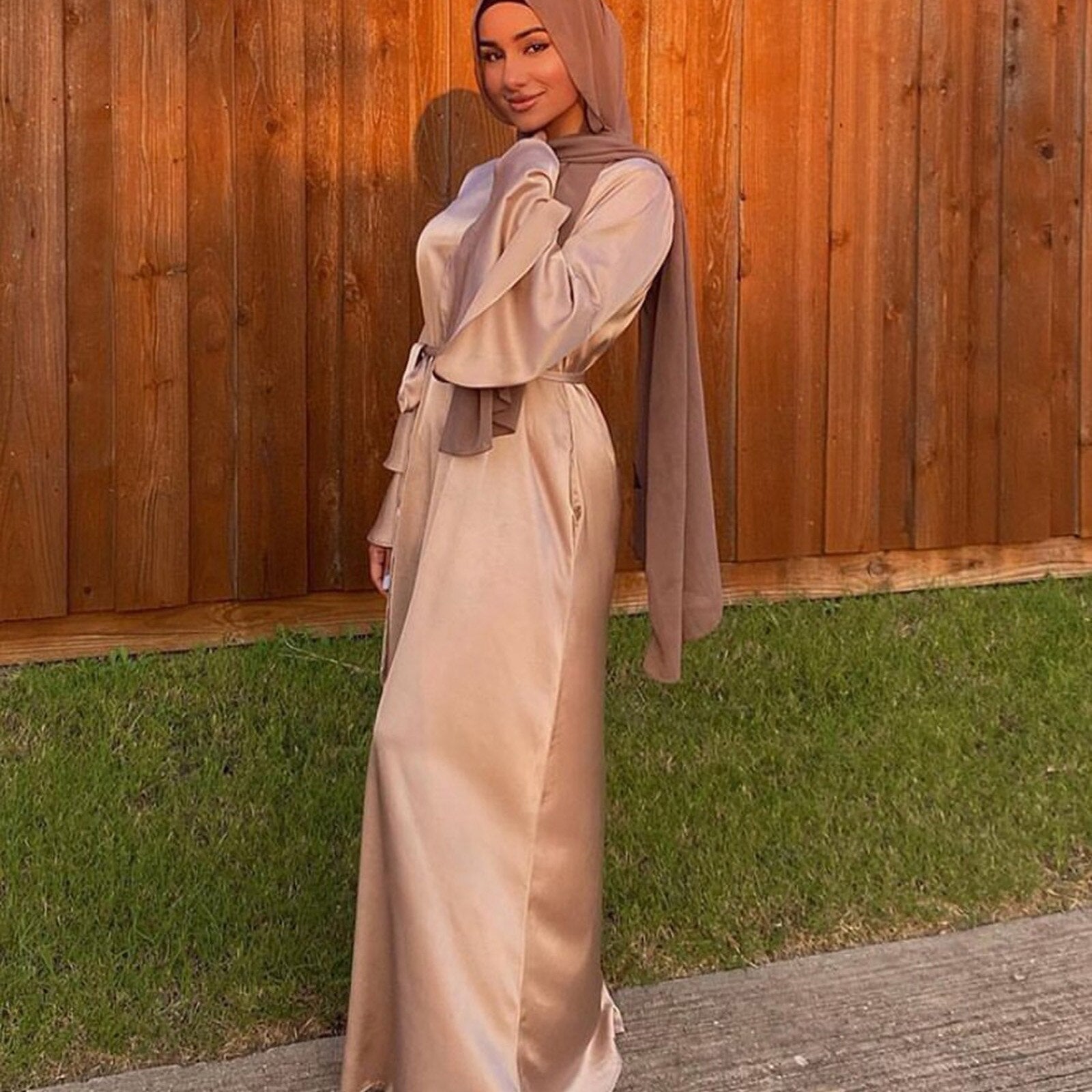 Solid Long Satin Ramadan Muslim Clothes Long Sleeve Dress