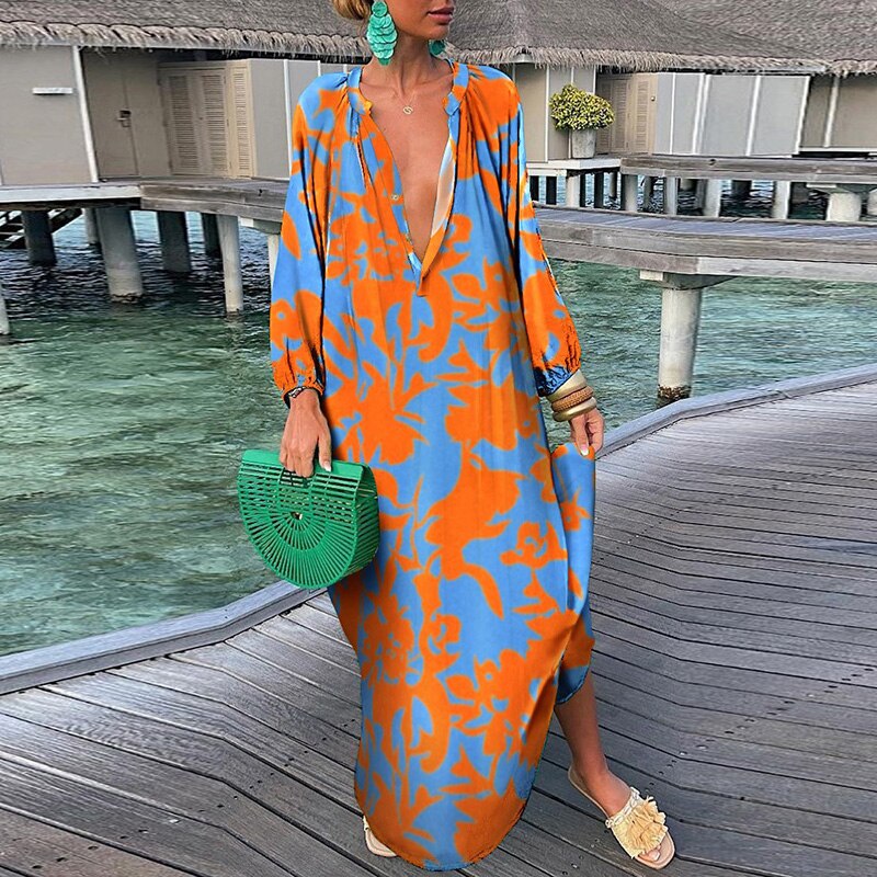 Hoobd Women Elegant V Neck Loose Party Dress Lady Retro Printing Long Sleeve Holiday Dress Autumn Casual Femme Dress Streetwear