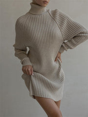 Autumn Knit Loose Turtleneck Maxi Dress Women Ribbed High Waist Fashion Elegant Dress Knitwear Long Sleeve Female Dress