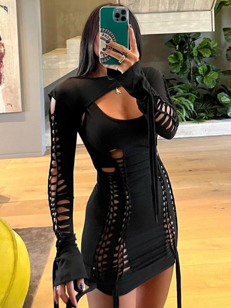 Women's Sexy Hollow Out Long Sleeve Bandage Package Hip Short Dress Night Club Streetwear Cut Out Backless 2 Pieces Dress Sets