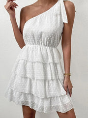 Sexy Chiffon Short Dress Women Summer Casual White One Shoulder Backless Beach Dress Fashion Sleeveless New In Dresses 2023