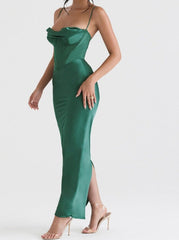 Hoobd Satin Sexy Backless Maxi Dress For Women Robe Fashion Spaghetti Strap Sleeveless Skinny Party Long Dress Vestido