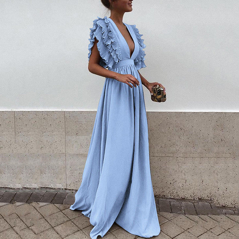 Hoobd Formal Party  Dress Women Deep V-Neck Long Dress Elegant Flying Sleeves Backless Maxi Evening Dresses Robe De Soiree