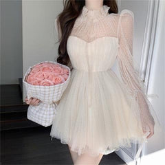 Long-Sleeved Polka-Dot Mesh Stitching Dress Elegant Tube Top Waist Slim Dress Women 2023 Spring Summer Korean Sweet Y2K Dresses