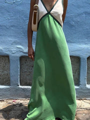 Fashion Patchwork Deep V neck Dress For Women Spring Autumn Female Sleeveless Loose Midi Dresses Elegant Ladies Beach Dress