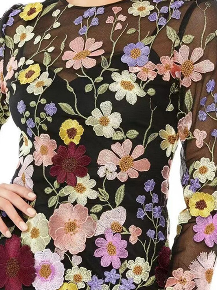 Hoobd Flower Print Embroidery Mini Dress Women Half High Collar Long Sleeve Hip Package Dresses Female Autumn Elegant Lady Vestidos