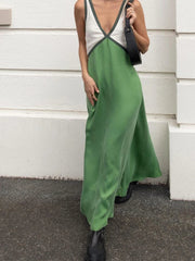 Fashion Patchwork Deep V neck Dress For Women Spring Autumn Female Sleeveless Loose Midi Dresses Elegant Ladies Beach Dress