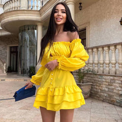 Fashion Woman 2023 Slash Neck Off Shoulder Puff Sleeve Ruffles Mini Dress Streetwear Sexy Girls Bodycon Evening Party Dresses