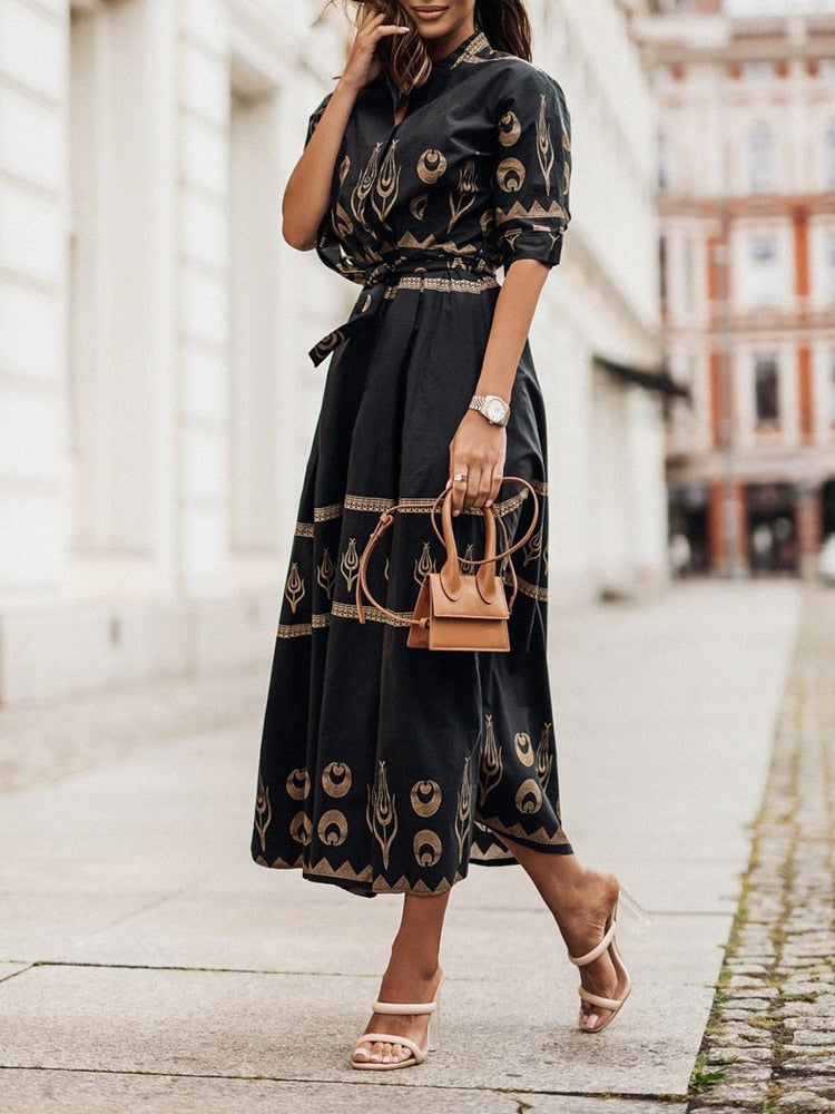 Women Half Open Collar Street Print Long Dress Elegant Button Lace Up High Waist Party Dress New Summer Short Sleeve Shirt Dress