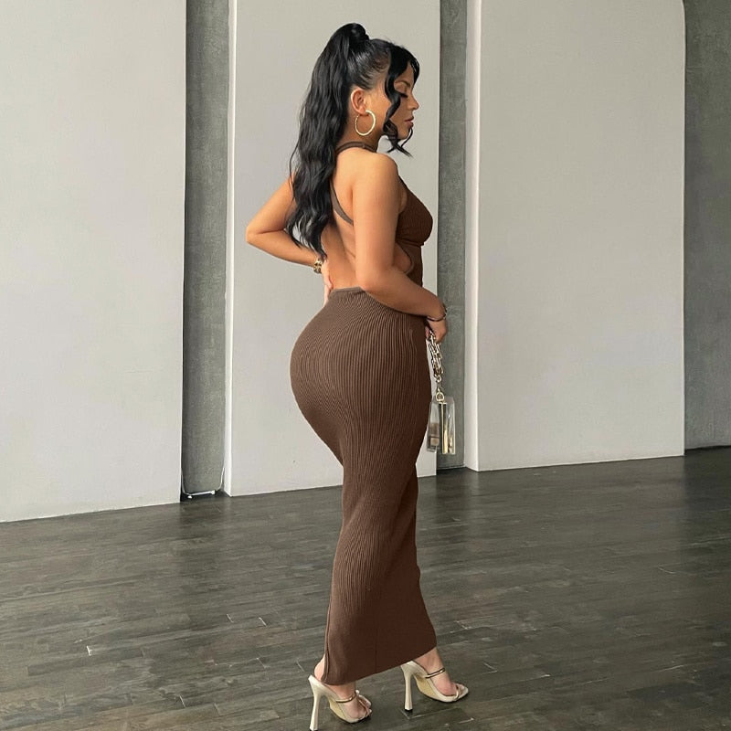 Hoobd Ribbed Solid Summer Dresses For Women Backless Sleeveless Sexy Slit Mini Dress Bodycon 2023 Outfits Elegant Party Y2K