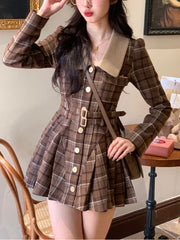 Hoobd France Vintage Party Mini Dresses Women Korean Style Elegant Pleated Dress Female Warm Sweet Retro Dress Coat Autumn Winter