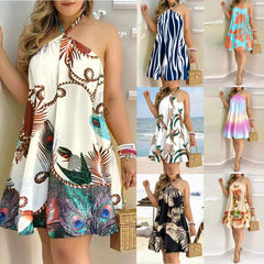 Hoobd Spring Summer Fashion Women&#39;s Dress Sexy Off Shoulder Neck Strap Loose Dress Stripe Flower Print All Season Mid Length Dress