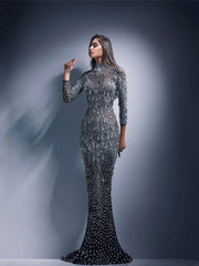 Elegant Women Turtleneck Mesh Sequin Fishtail Dresses Female Luxury Bodycon Sexy Long Sleeve Lady Evening Cocktail Prom Dress