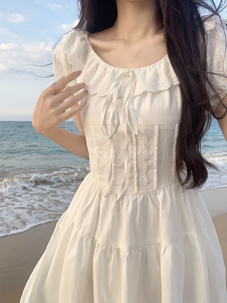Korean Design Sweet Lace Mini Dress Female Causal Beach Style Pure Color Dress Elegant Office Lady Ruffles Dress 2023 Summer
