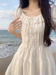 Korean Design Sweet Lace Mini Dress Female Causal Beach Style Pure Color Dress Elegant Office Lady Ruffles Dress 2023 Summer