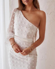 Hoobd Summer New Women's Clothing European and American White Sloping Shoulder Bag Hip Fashion Sexy Split Puff Sleeve Dress