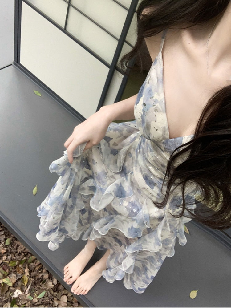 2023 Summer Chiffon Floral Midi Dress Women Casual V-Neck Beach Style Sundress Office Lady Even Party Midi Dress Korean Chic