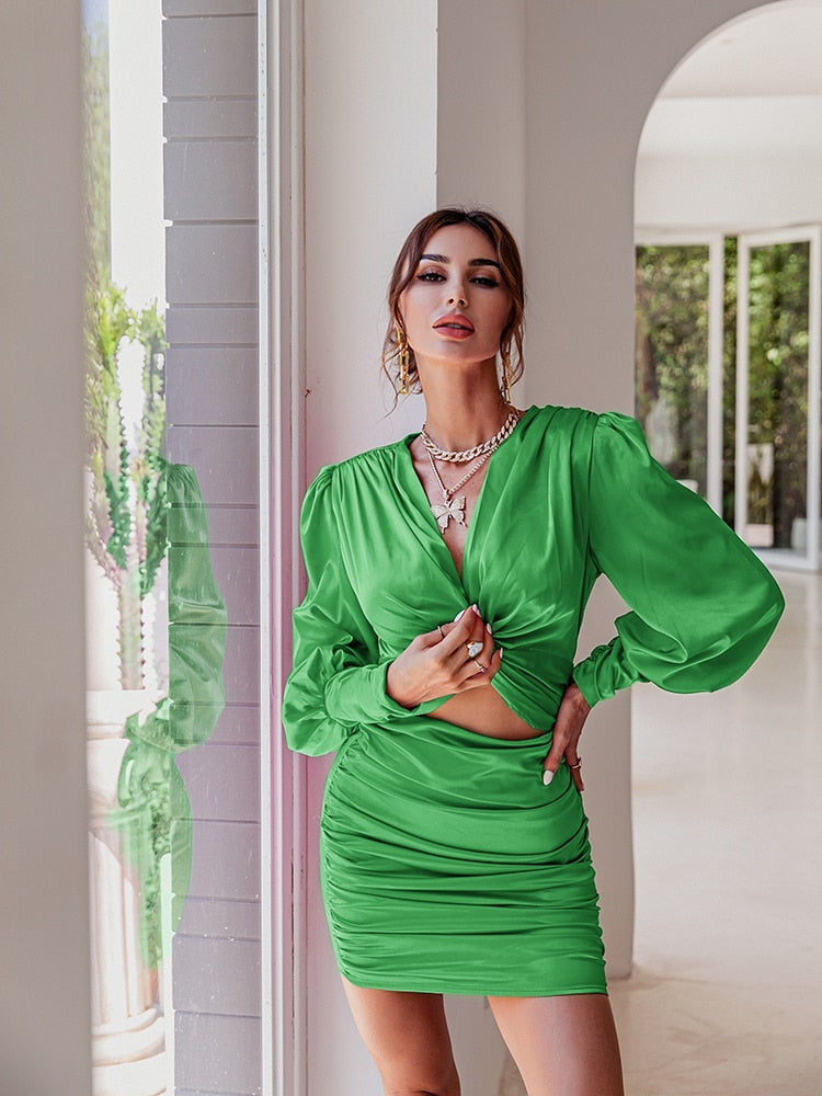 Hoobd Sexy deep v neck bodycon dress Party club hollow out mini dress Elegant winter autumn chic lantern sleeve satin dress
