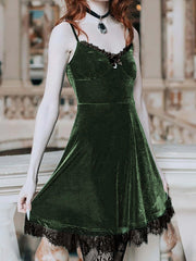 Hoobd Goth Sexy Green Black Dress Women Velvet Retro Lace Aesthetic Summer Dress Harajuku Elegant High Waist A Line Dresses