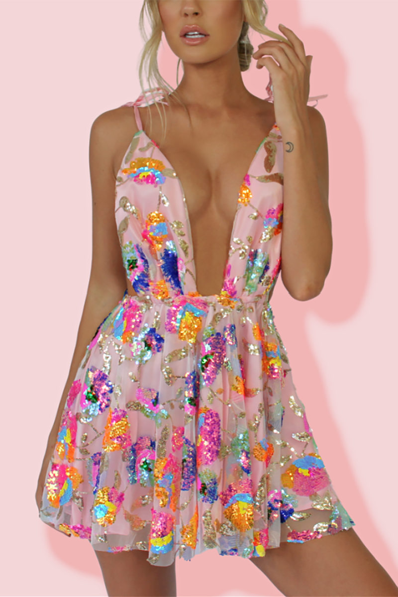 Hoobd Rainbow Sequin Open Back Slip Mini Dress