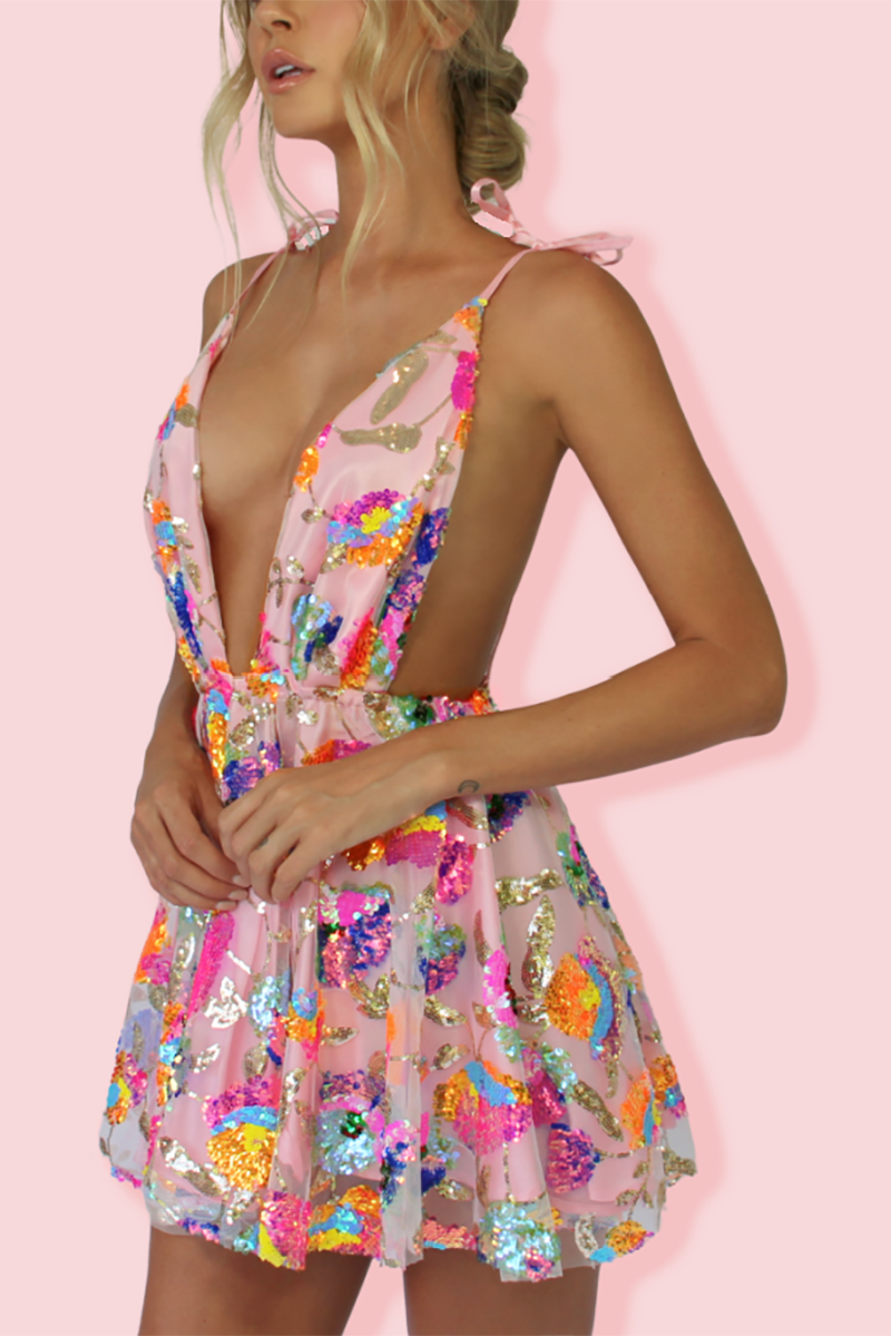 Hoobd Rainbow Sequin Open Back Slip Mini Dress