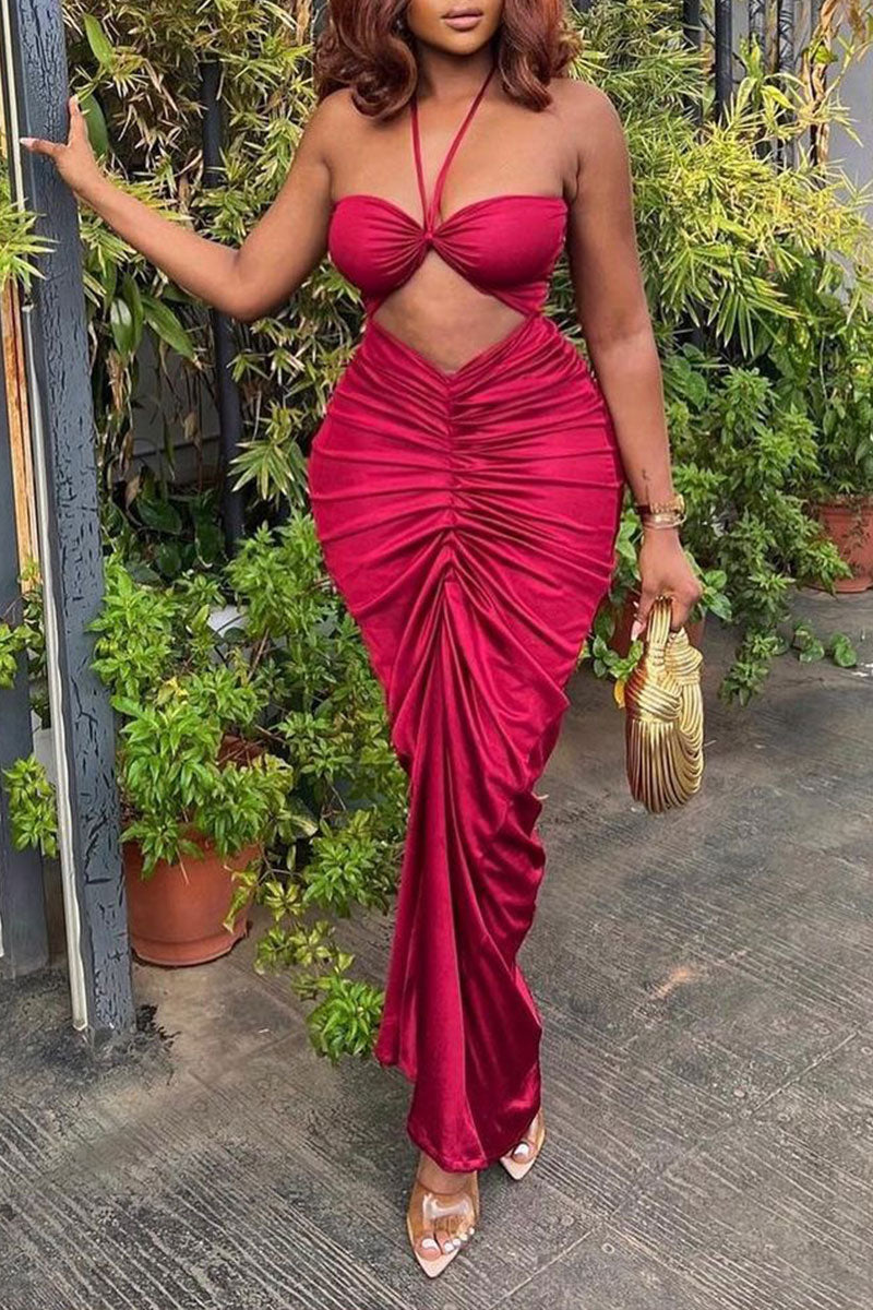 Red Elegant Vacation Solid Fold Halter Long Dress Dresses