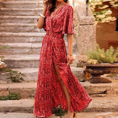 Printed V-Neck Slit Maxi Dress