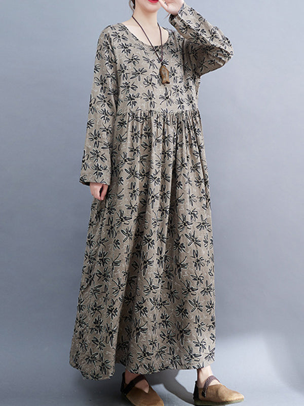 Artistic Retro Long Sleeves Loose Floral Printed Round-Neck Midi Dresses