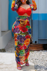 Red Elegant Patchwork Print Floral Patchwork Fold Printing Strapless Printed Dress Dresses