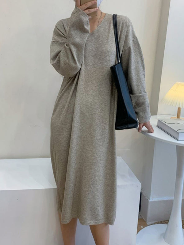 Long Sleeves Loose Solid Color V-Neck Midi Dresses Sweater Dresses