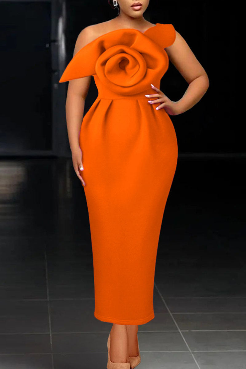 Orange Elegant Solid Patchwork Appliques Oblique Collar Dresses