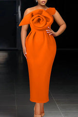 Orange Elegant Solid Patchwork Appliques Oblique Collar Dresses