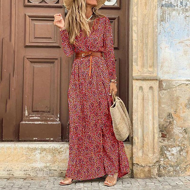 Winter Autumn Fashion Women V Neck Print Long Dress Casual Irregular Long Sleeves Dress Elegant Bohemian Streetwear Party Dress