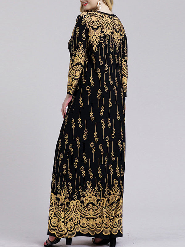 Long Sleeves Plus Size Printed Split-Joint Round-Neck Maxi Dresses