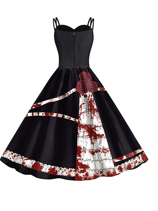 Women's Halloween Dress Retro 1950s Vintage Dress Midi Dress Holiday Backless Print Graphic Spaghetti Strap Sleeveless Regular Fit Spring Fall 2023 Black White S M L XL