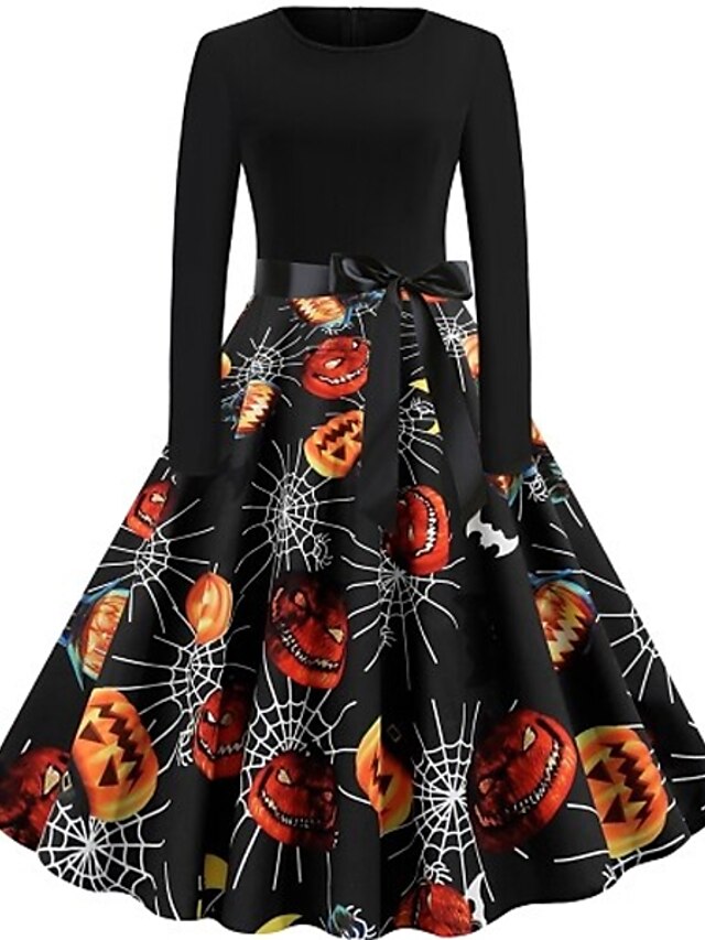 Women's Halloween Dress A Line Dress Knee Length Dress Black Blue Wine Long Sleeve Pumpkin Spider Print Pumpkin Bow Print Fall Winter Crew Neck Hot Vintage Slim 2023 S M L XL XXL