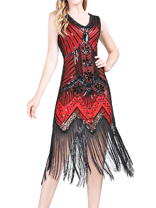 Women's Halloween Dress Retro 1920s Fringe Dress Midi Dress Party Outdoor Sequins Tassel Fringe Plain V Neck Sleeveless Regular Fit Summer Spring 2023 claret Black S M L XL