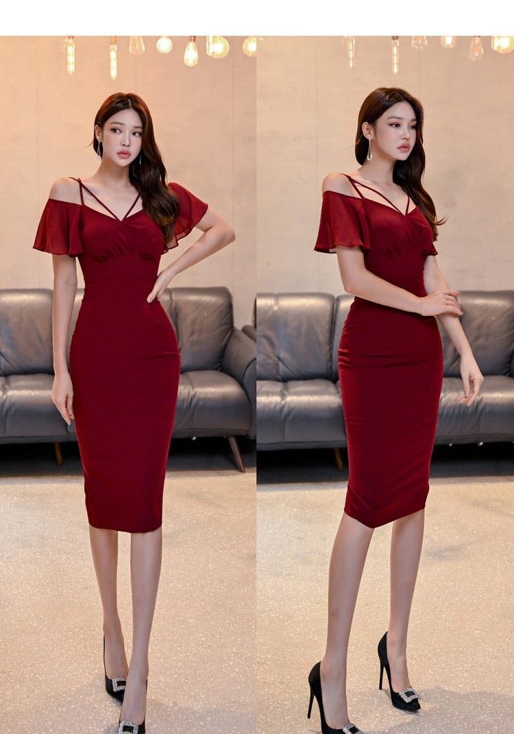 Autumn Vintage Sexy Vestidos Simple Chic Neck Party Dress Women Office Bodycon Sheath Casual Pencil