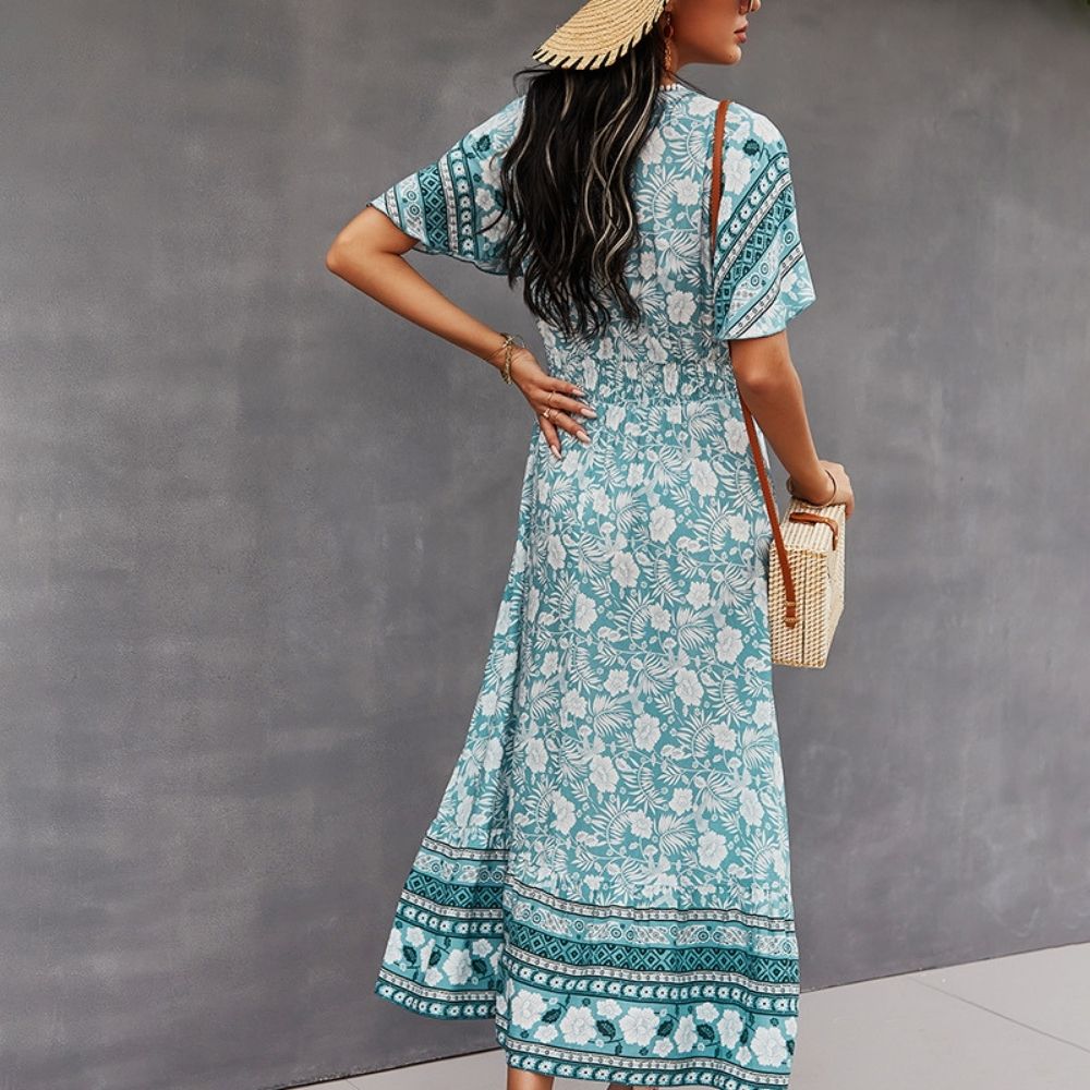 Spring New Bohemian Floral Dress Women Flare Sleeve Casual V Neck Tassel Bandage Print Dress Ladies Holiday Style Summer Dresses