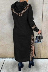 Black Casual Print Patchwork Slit Hooded Collar Long Sleeve Dresses