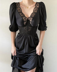 Hoobd Contrast Lace Puff Sleeve Party Dress