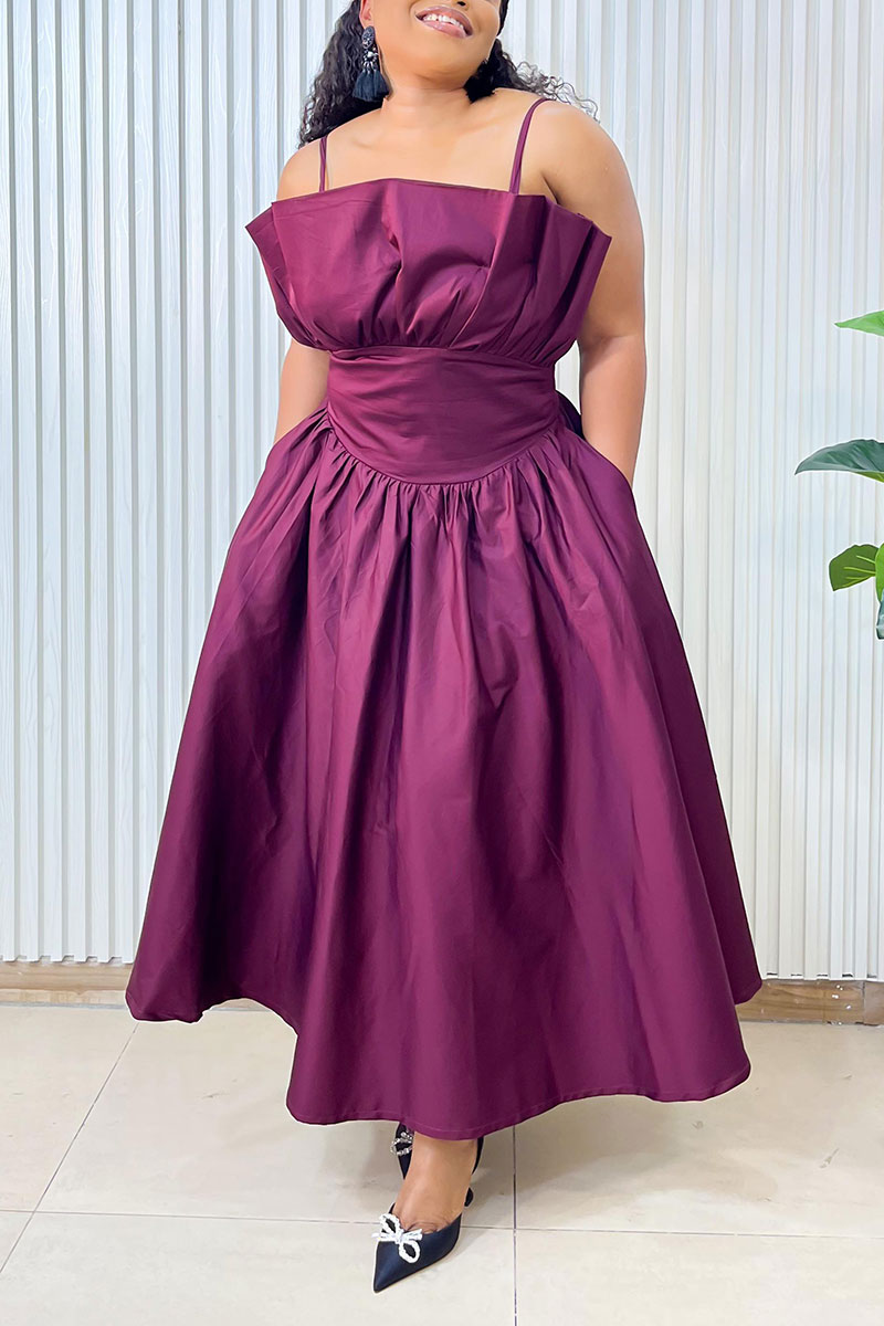 Purple Sweet Daily Party Celebrities Elegant Pocket Solid Color Spaghetti Strap Dresses