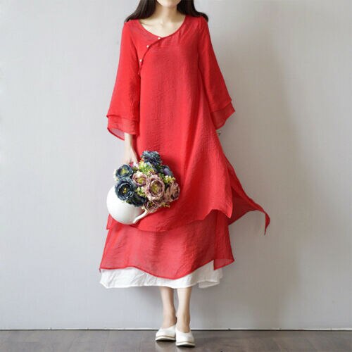Women's Vintage Chinese classic dress loose solid color long sleeve dress Vintage Chinese classic spring and autumn robe dress